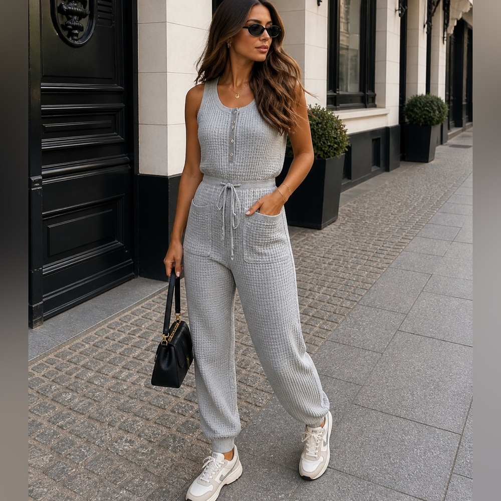 Smash+Tess Grey Waffle Knit Tank Jumpsuit